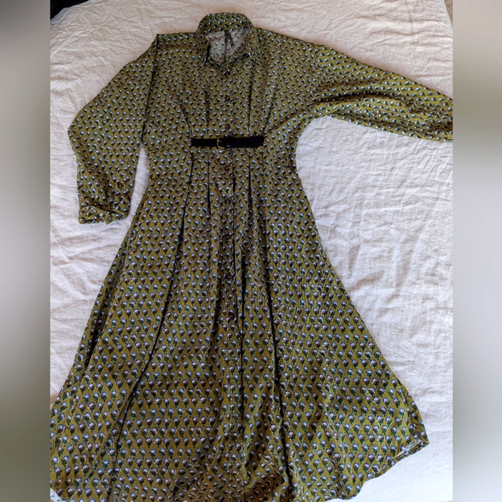 Anthro Green Floral Belted Corduroy Long Sleeve Midi Shirt Fit & Flare Dress